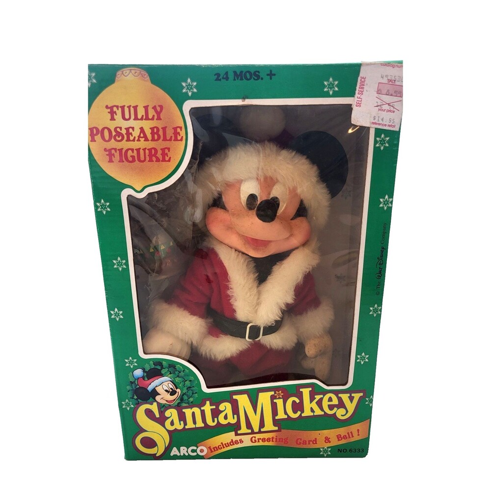 ARCO Disney Mickey Mouse Santa Poseable Figure 10" w/ Card & Bell 1990 6333